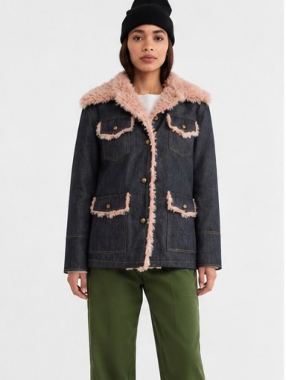 Avec Les Filles NWT Denim Jacket with Pink Faux Fur Trim